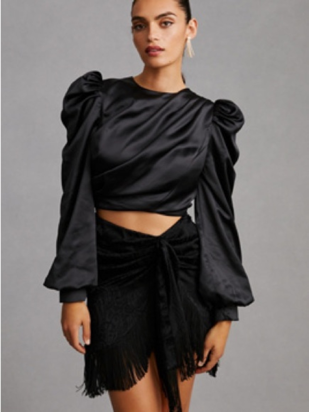 ANTHROPOLOGIE MARE MARE Black Satin Puff Sleeve Crop Top Size XS